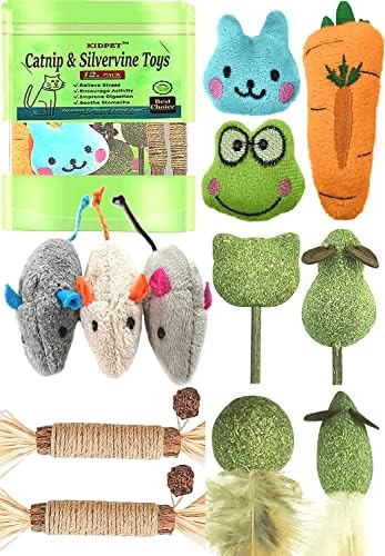 12 Pack Catnip Toys for Cats, Silvervine Sticks, Catnip Balls, Cat Nip Mice, Kicker Toys, Silver Vine Organic Chew Toys, Kitten Teething Toy,Interactive Enrichment (Green)