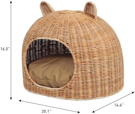 CBD1000B Cat Ear 20" x 14.5" Handwoven Water Hyacinth Pet Bed, Wicker Cat Hideaway Dome with Machine-Washable Cushion, Coastal Woven Pet House for Cats and Small Dogs, Light Brown