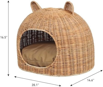 CBD1000B Cat Ear 20" x 14.5" Handwoven Water Hyacinth Pet Bed, Wicker Cat Hideaway Dome with Machine-Washable Cushion, Coastal Woven Pet House for Cats and Small Dogs, Light Brown