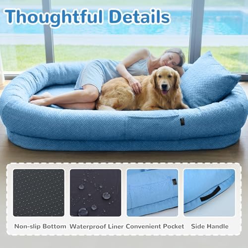 YAEM Cooling Dog Bed for Humans, 71"x45"x12" Breathable Human Dog Bed for Adults, Waterproof Giant Pet Beds with Washable Cover & Non-Skid Bottom, Ocean Blue