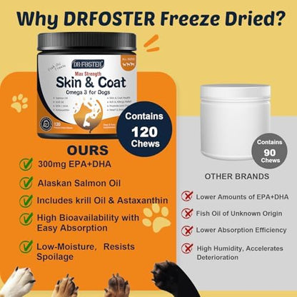 DRFOSTER Omega 3 Salmon Oil for Dogs, EPA & DHA, Skin & Coat, 120 Chews
