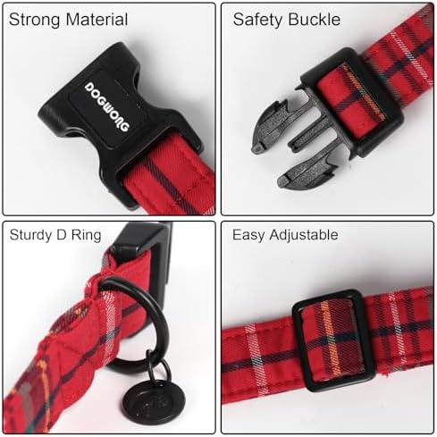DOGWONG Christmas Cotton Dog Collar, Heavy-Duty Red Plaid Dog Collar Durable Soft Fabric Pet Dog Collars Cute Christmas Red Grid Puppy Necklace for Small Dogs,S