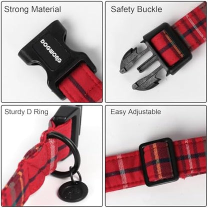 DOGWONG Christmas Cotton Dog Collar, Heavy-Duty Red Plaid Dog Collar Durable Soft Fabric Pet Dog Collars Cute Christmas Red Grid Puppy Necklace for Small Dogs,S