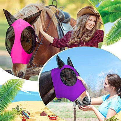 Weewooday 2 Pcs Horse Fly Mask with Ears, Soft Stretchy Horses Face Masks for Flies, Breathable Mesh Eye Cover, UV Protection Horse Masks for Pasture, Barn, Turnout(M,Purple, Pink)