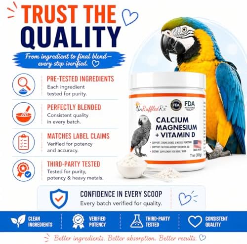 UnRuffledRx™ Bird Calcium Plus with Magnesium and D3, Dissolves Clear and Tasteless in Water, Supports Bone, Muscle, Feather and Egg Health, 45 Servings, Made in FDA-Registered USA Facility