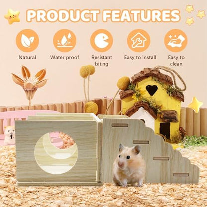 2-Chamber Hamster Tunnel & Wooden Climbing Ladder Bridge，Wooden Hamster Hideout with Ladder for Dwarf Syrian Hamsters Gerbils Mice or Other Small Pets