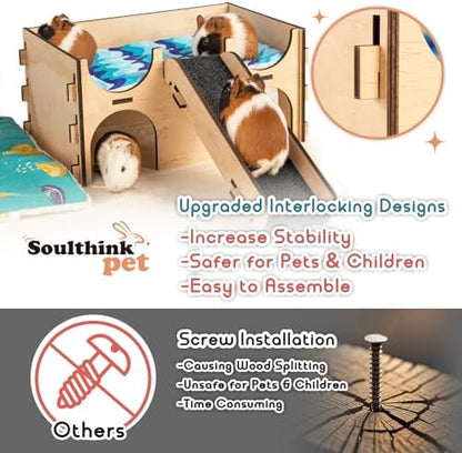 SoulThink® Upgraded Large Guinea Pig Toys Hideout - Easy to Assemble Wooden Guinea Pigs Castle with Ramp and Sky Blue Bed Cushion Decorative Guinea Pig Furniture for Play Area and Cage