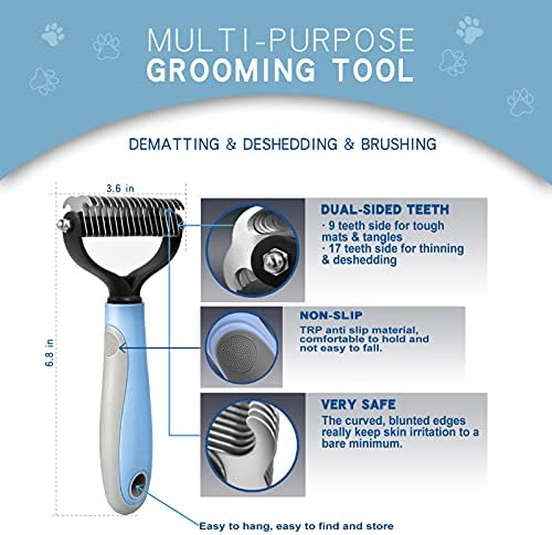 GOESWELL Double-Sided Undercoat Rake for Pet Grooming - Shedding and Dematting Comb with Grooming Glove (Blue 2 Pack)