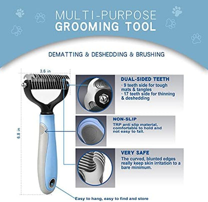 GOESWELL Double-Sided Undercoat Rake for Pet Grooming - Shedding and Dematting Comb with Grooming Glove (Blue 2 Pack)