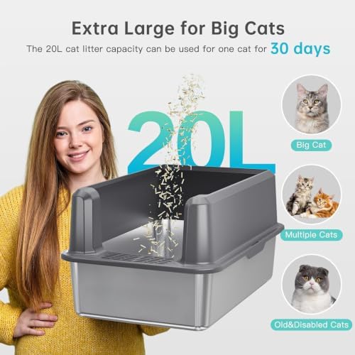 Stainless Steel Litter Box, Open Top High Sided Cat Litter Box for Big Cat