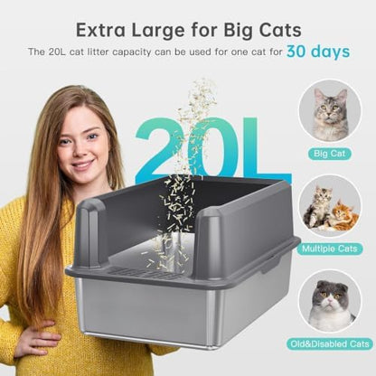 Stainless Steel Litter Box, Open Top High Sided Cat Litter Box for Big Cat