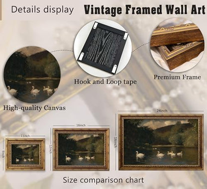 Vintage Gold Framed Swan Wall Art, Dark Moody Swans Lake Landscape Oli Painting Canvas Print, Antique Wildlife Bird Picture Wall Decor, Rustic Farmhouse Poster Artwork for Bedroom Living Room