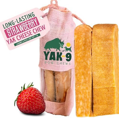 Yak9 Jumbo Yak Cheese Himalayan Dog Chews, Strawberry | High Protein, Non Rawhide Dog Chews Long Lasting | Non GMO, Gluten Free, Grain Free Yak Milk Dog Chew | Jumbo Size, 2 PC