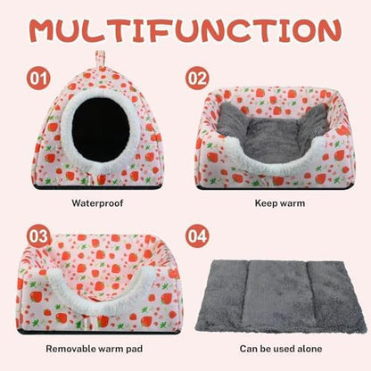Warm Rabbit Hideout, Washable Strawberry Fleece Hut for Guinea Pigs
