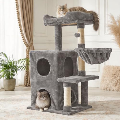 Fansafurn Cat Tree Tower for Indoor Cats, 36-inch Adult Cat Tree House for Large Adult Cats with Steps, Scratching Post, 2 Cat Condo, Dangling Toys, Light Grey