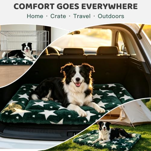 Dog Bed Mat, Reversible Crate Pad & Cute Dog Bed - Machine Washable Kennel Mat with Ultra Soft (Big&Small Stars Green, 30" L*20" W*1.5" Th)