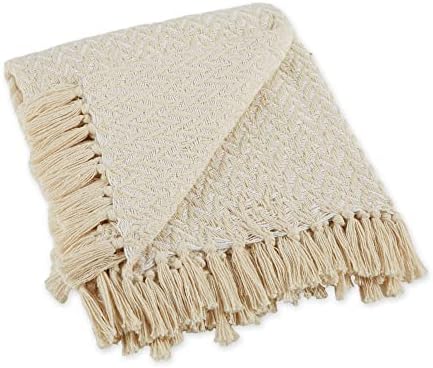 DII Modern Zig Zag Throw Blanket Woven Cotton, Hand-Knotted 2.5" Fringe, 50x60, Natural