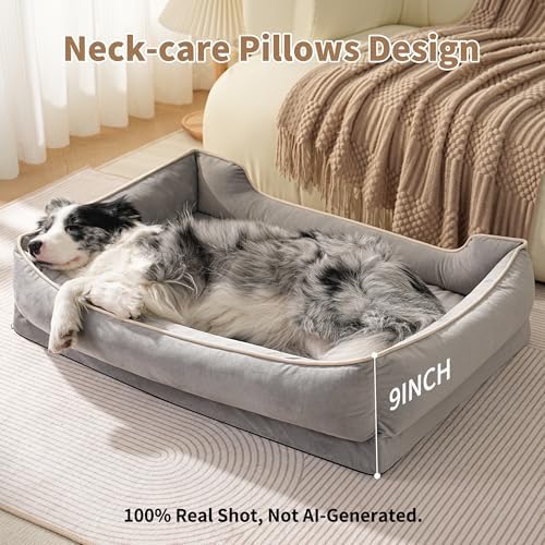 FAIRYPET Orthopedic Dog Bed for Medium to Large Dogs & Cats, Memory Foam Dog Bed with Washable Removable Cover, Top-Grade Dutch Velvet Fabric Pet Sofa Couch for Crate with Nonskid Bottom, Grey