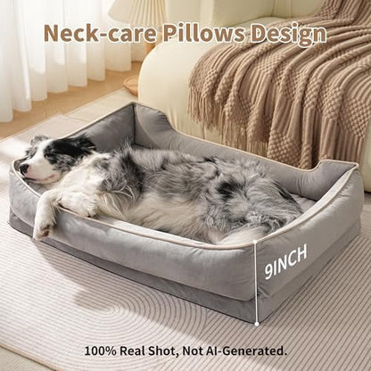 FAIRYPET Orthopedic Dog Bed for Medium to Large Dogs & Cats, Memory Foam Dog Bed with Washable Removable Cover, Top-Grade Dutch Velvet Fabric Pet Sofa Couch for Crate with Nonskid Bottom, Grey