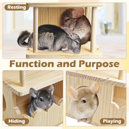 Fhiny Wooden Chinchilla Hideout, 2-Layer Guinea Pig House Nature Wood Small Animal Hut Chinchilla Cage Accessories for Hamster Squirrel Sugar Gliders