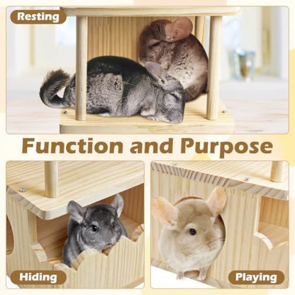 Fhiny Wooden Chinchilla Hideout, 2-Layer Guinea Pig House Nature Wood Small Animal Hut Chinchilla Cage Accessories for Hamster Squirrel Sugar Gliders