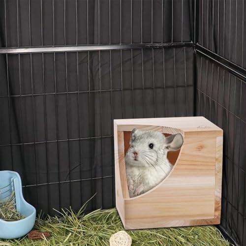 Yesland Wood Chinchilla House, Natural Square Small Animal Hideout Hut for Chinchilla, Squirrel, Sugar Gliders in Cage - 6.5 X 6.5 X 6.5 Inches (Pack of 2)