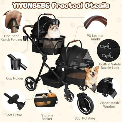 Foldable Double Pet Stroller for 2 Small Medium Cats Dogs