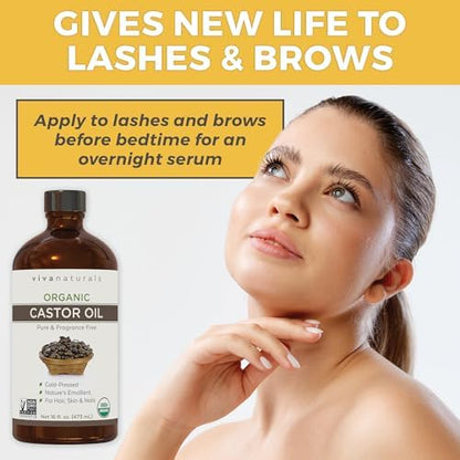 Viva Naturals Organic Castor Oil, Cold-Pressed, 16 fl oz – For Face, Hair, Eyelashes, USDA Organic, Non-GMO - Glass Bottle