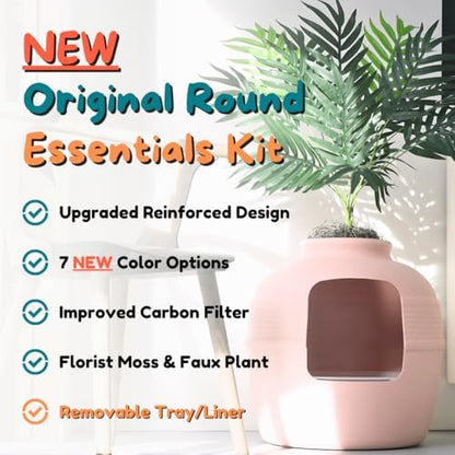 Good Pet Stuff Original Hidden Litter Box Planter, Decorative Cat Litter Enclosure with Carbon Filter, Artificial Palm Plant, Upgraded Design, Easy Clean Litter Tray, Essentials Kit, Pink Coral