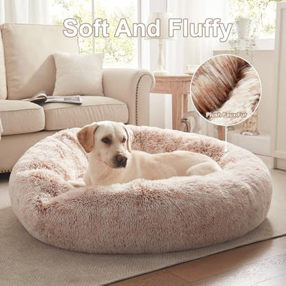 45 in Faux Fur Fluffy Donut Dog Bed for Extra Large Dogs,Brown