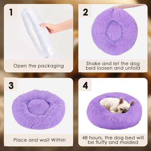 Dogs Bed for Small Dogs, Anti-Anxiety Washable Round Bed (24in Purple)
