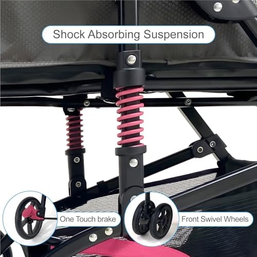 22” Buddy Buggies Foldable Pet Stroller - Shock Absorbing Frame with Storage - Machine Washable Fabric - Durable Mesh & UV Protected Retractable Canopy - Cat & Dog Stroller Up to 30lb