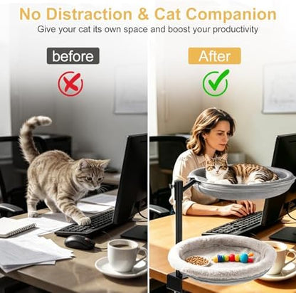 Double Cat Desk Bed with 360° Rotation & Adjustable Height, 2-Tier Cat Hammock for Desk, Heavy Duty Desktop Cat Perch with Mesh & Plush Covers, Home Office Cat Bed, Gray