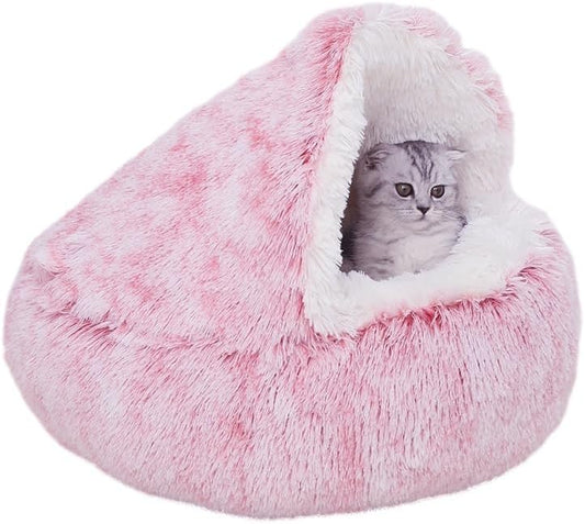 ZaneSun Calming Round Dog Bed & Cat Cave with Hooded Cover, Plush Fluffy Anti-Anxiety Cat Bed, Waterproof Bottom Washable (Pink, 20x20inch)