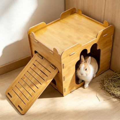 Large Bunny Castle Hideout with Ramp, Sturdy Rabbit Play House Indoor, Detachable Bunnies Habitats with Window, Ventilated Small Pet Climbing Tower for Guinea Pig Chinchilla Hedgehog Hamsters