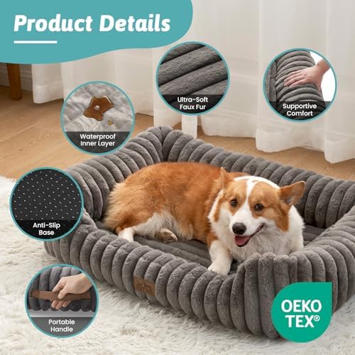COZY KISS Orthopedic Pet Bed for Small Dogs & Cats - Washable Rectangle Pet Bed with Anti-Slip Bottom, Soft Calming Cat & Puppy Bed for Indoor Pets (30"x23"x7", Grey)