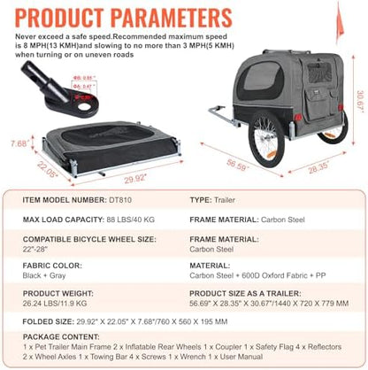 VEVOR Dog Bike Trailer, Supports up to 88 lbs, Pet Cart Bicycle Carrier, Easy Folding Frame with Quick Release Wheels, Universal Bicycle Coupler, Reflectors, Flag, Collapsible to Store