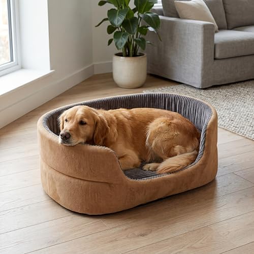 Large Dog Bed Cat Bed 20x30 Inch,Calming Pet Bed for Dogs & Cats,Machine Washable Dog Bed,Half-Enclosed Open-Top Velvet Anti-Anxiety Bed,Cozy Snuggle Bed (Camel)