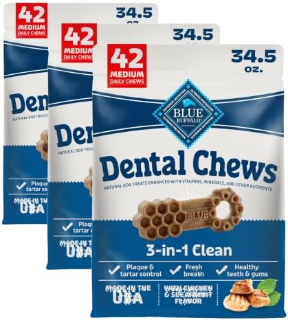 Blue Buffalo Dental Chews Medium Natural Dog Treats, Chicken & Spearmint 34.5-oz Bag 42 Count (Pack of 3)