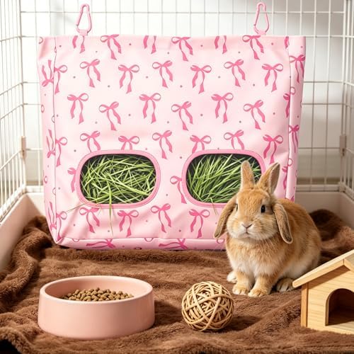 JarThenaAMCS 2Pcs Rabbit Hay Feeder Bag with 2 Holes Pink Bow Guinea Pig Hanging Hay Feeding Bag Large Storage Dispenser for Chinchilla Hamster Bunny Small Animal Pet