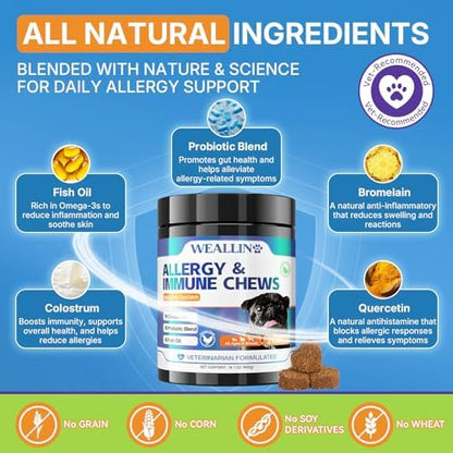 WEALLIN Dog Allergy Chews with Probiotics, Skin & Immune Support, 200 Ct