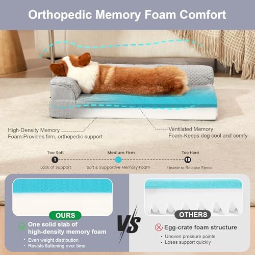 Rainmr Memory Foam Orthopedic Dog Bed, Washable Dog Couch with Removable Waterproof Cover and Nonskid Bottom for Pet Sofa, 35x23 Inches, Light Grey