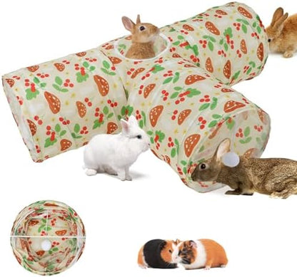 BWOGUE Bunny Tunnels & Tubes, 3-Way Collapsible Rabbit Hideout for Bunnies