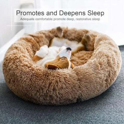 Dog Bed, Cat Calming Bed, Faux Fur Pillow Pet Donut Cuddler Round Plush Bed for Large Medium Small Dogs and Cats (Camel, 44.0" L x 44.0" W x 7.0" Th)
