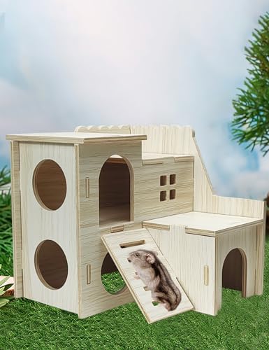 Hamster Hideout Cage Accessories - Hamster House and Habitat Wooden Hide Hut with Climbing Ladder for Dwarf Gerbils and Mouse Mice Rat Other Small Animals etc.