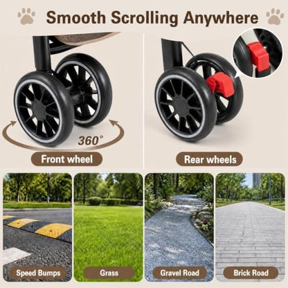 YYW Double Pet Stroller Foldable 2 Carriages Lockable Wheels Khaki