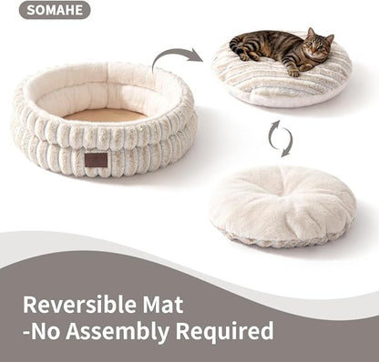 Cat Bed, Round Plush Faux Fur Donut Cuddler – Machine Washable Calming Cat Bed for Indoor Cats & Kittens, Removable Cushion Non-Slip Fluffy Kitten Bed, Cozy Small Cat Nest, 20" Inch White