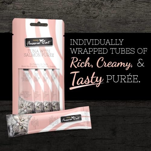Fussie Cat Tuna with Salmon Puree, lickable cat Treats, 0.5oz Pouch Pack of 4