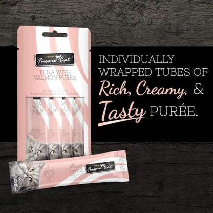 Fussie Cat Tuna with Salmon Puree, lickable cat Treats, 0.5oz Pouch Pack of 4