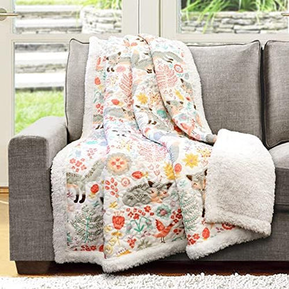 Lush Decor Pixie Fox Sherpa Throw Blanket 50”W x 60"L Gray & Pink - Sherpa Blankets - Toddler Blanket For Bed - Pink Girls Room Decor - Floral Throw